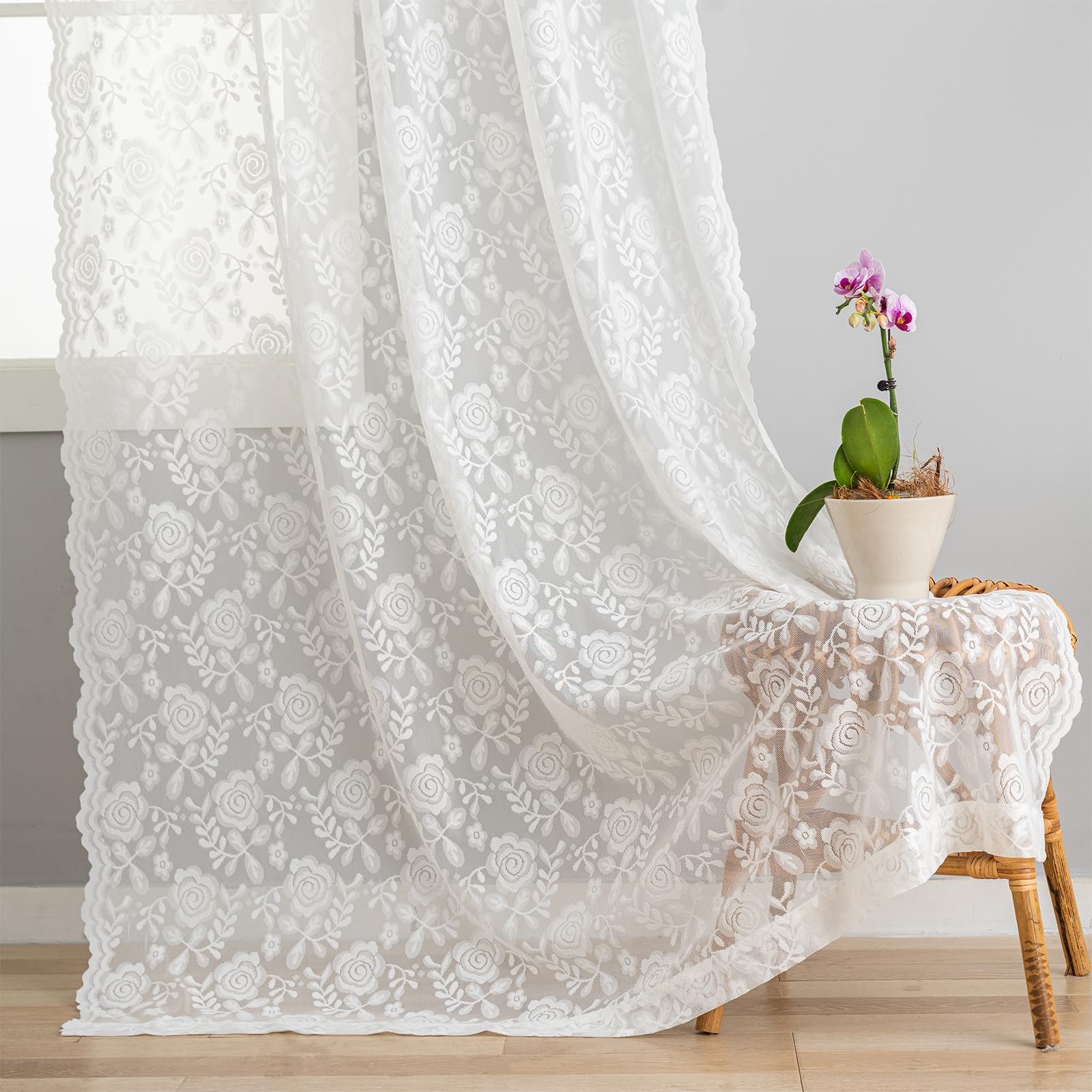Sheer Lace Curtains 84 Inches Long – Victorian Embroidered Rose Leaf Floral C…