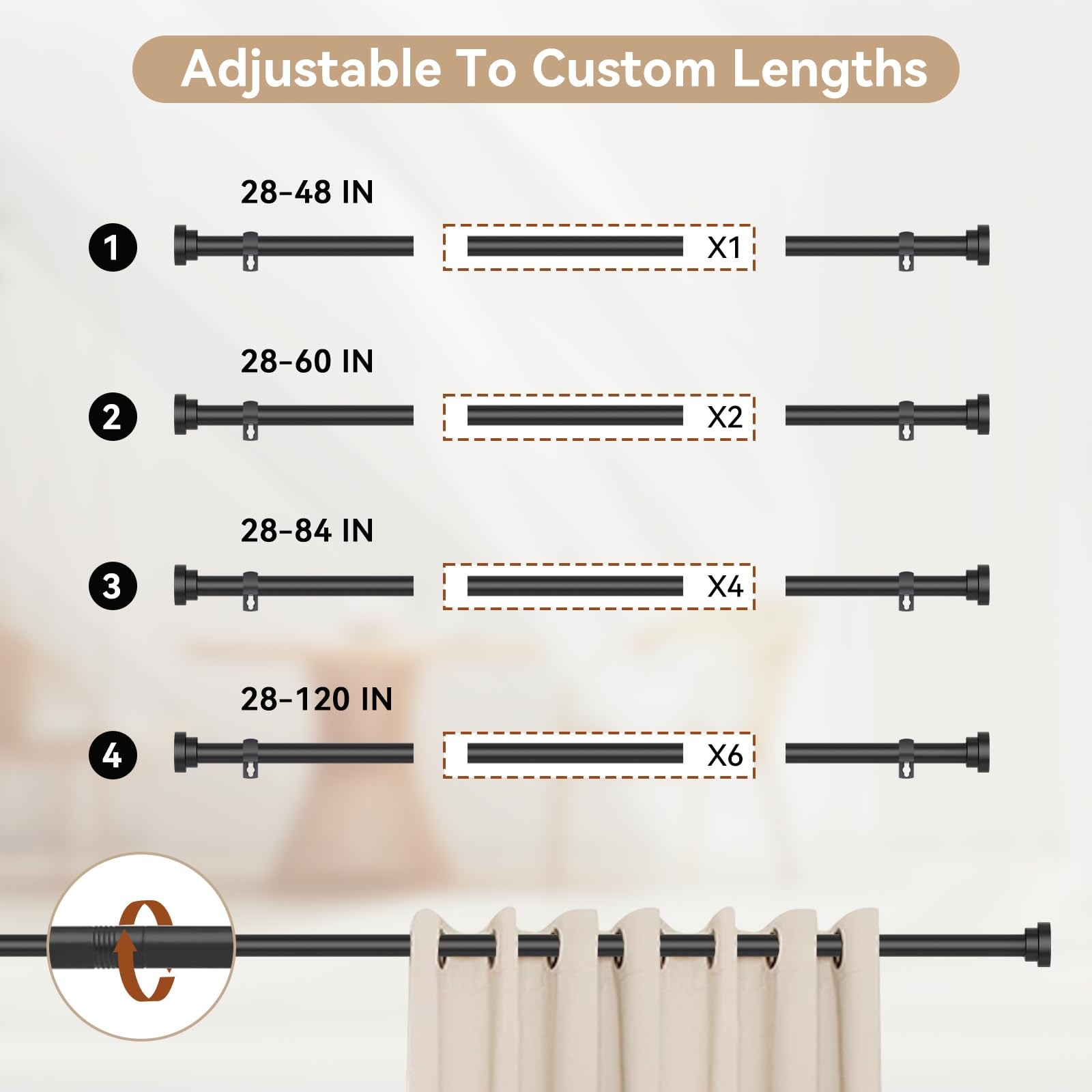 Black Curtain Rods for Windows 28 to 48 Inch2.3-4ft, 2 Pack 5/8 Inch Diameter…