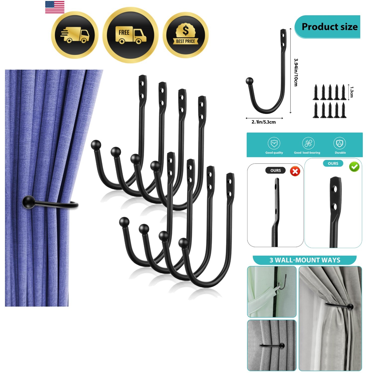 8 Pcs Curtain Tie Backs, Black, Metal Curtain Holdbacks 8pcs-Small | Wall Mou…