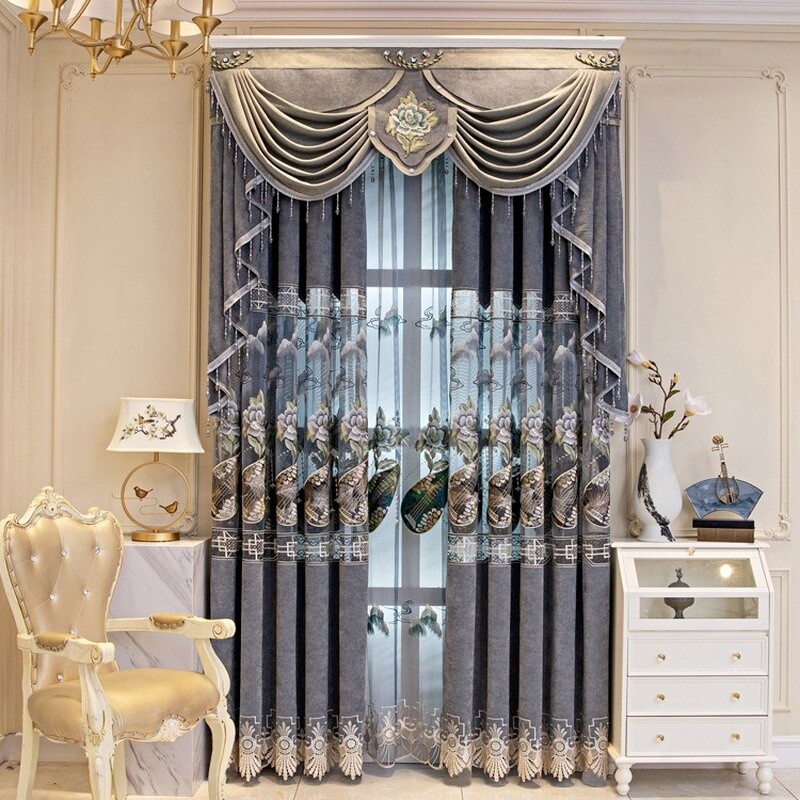 1 Panel Blackout Chenille Curtain Chinese Sealing Embroidery Sheer Tulle Home
