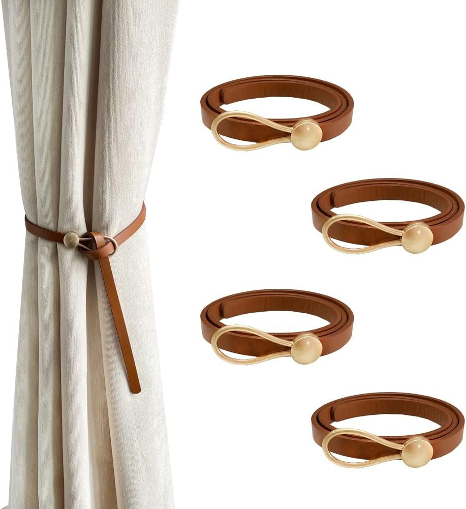 Leather Curtain Tie Backs, 4 Piece Minimalist Drapery Tiebacks, Brown