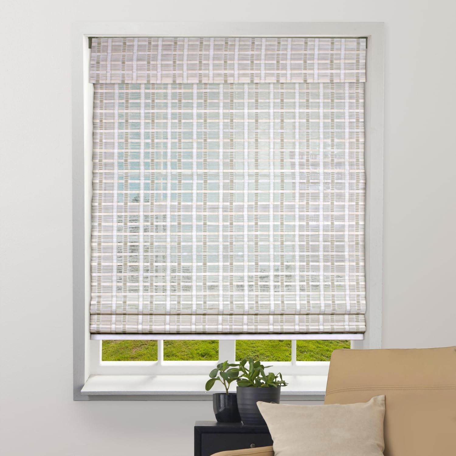 ARLO BLINDS Sheer Bamboo Roman Shades with Valance – Whitewash, 45″ W x 60″ H –