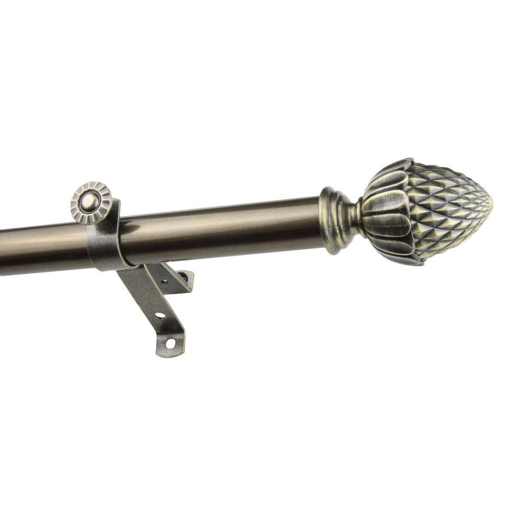 66 In. – 120 In. Telescoping Single Curtain Rod Kit in Antique Brass with Acorn