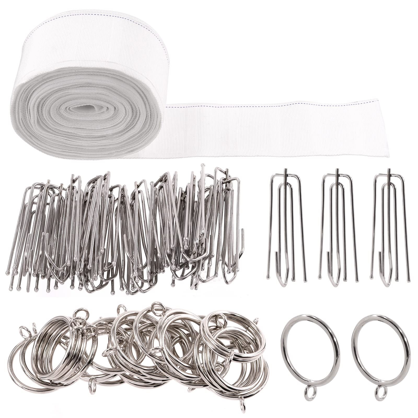61 PCS 10 Yard White Curtain Pleat Tape 30 Stainless 4Prong Hook 30 Ring