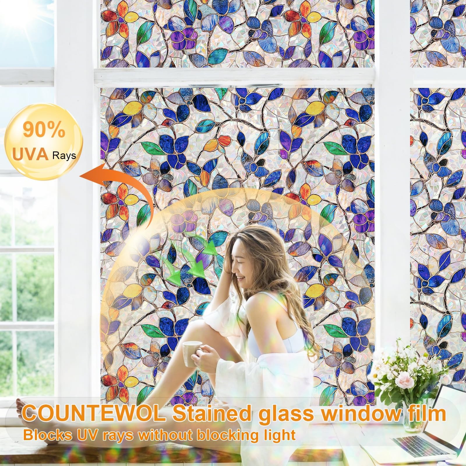Colored Glass Window Film Decorative Leaf Privacy Static Cling 17.5 x 78.7in