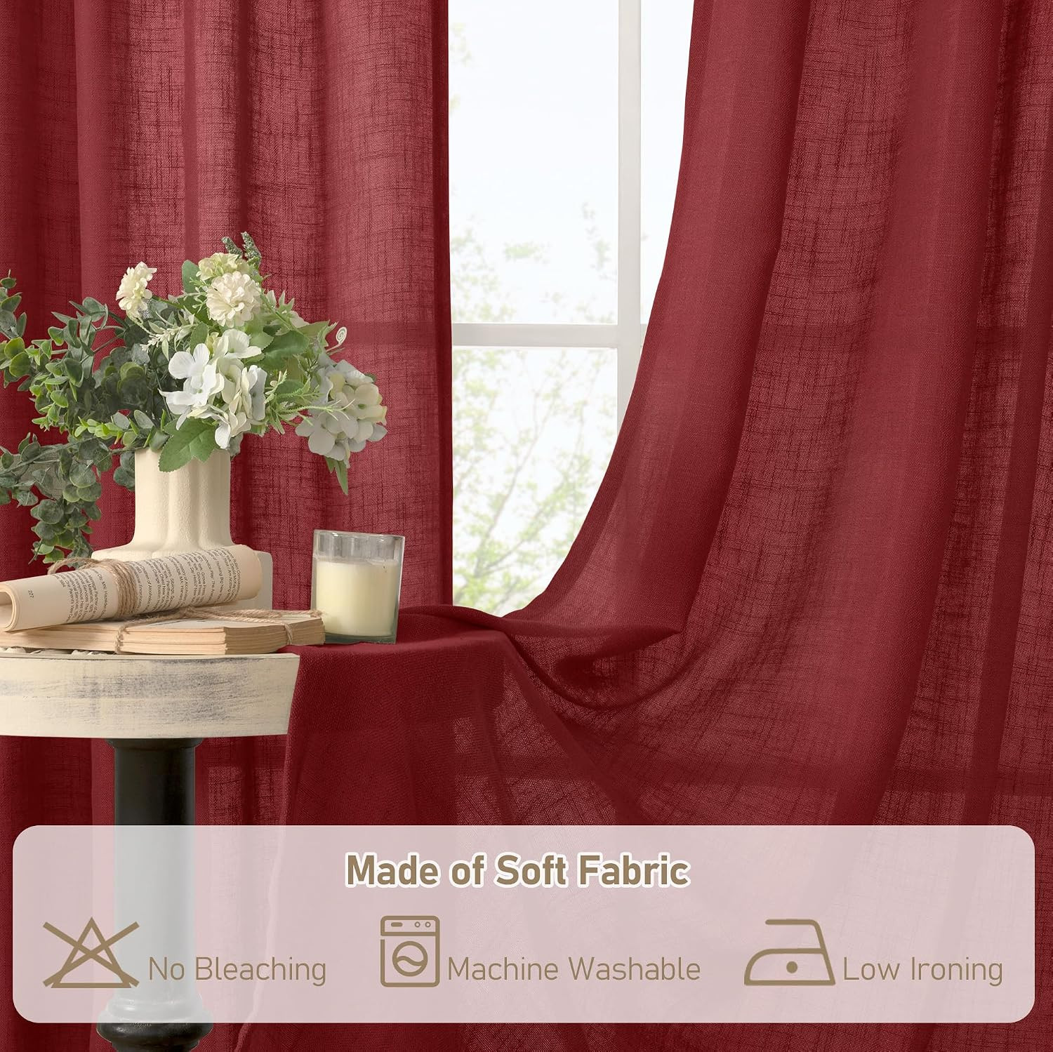 LAMIT Red Linen Curtains 40 Inches Long for Kitchen, Semi Sheer Light Filtering
