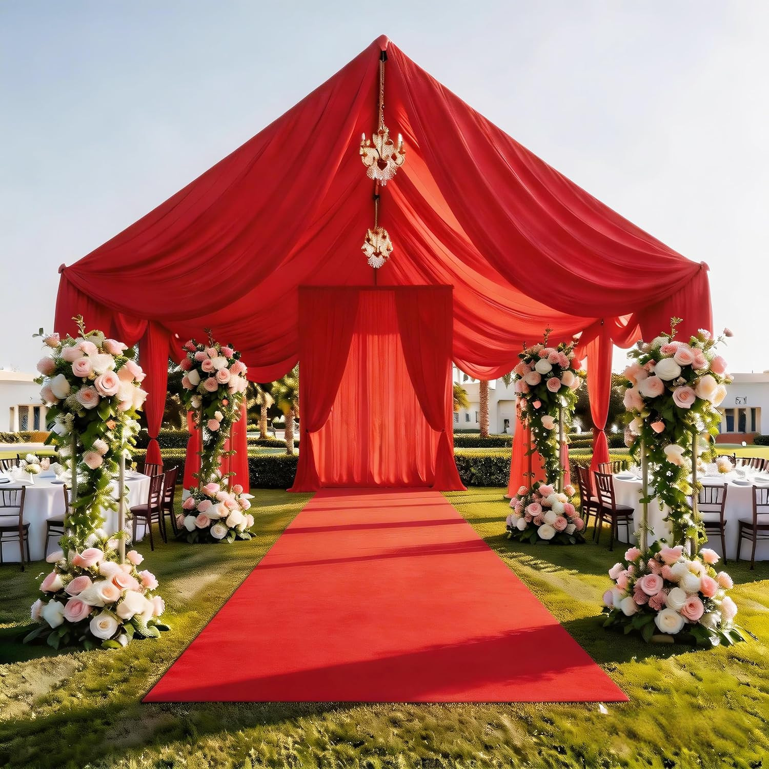 2 Panels Red Chiffon Ceiling Drapes for Weddings 5Ftx20Ft Wedding Drapery