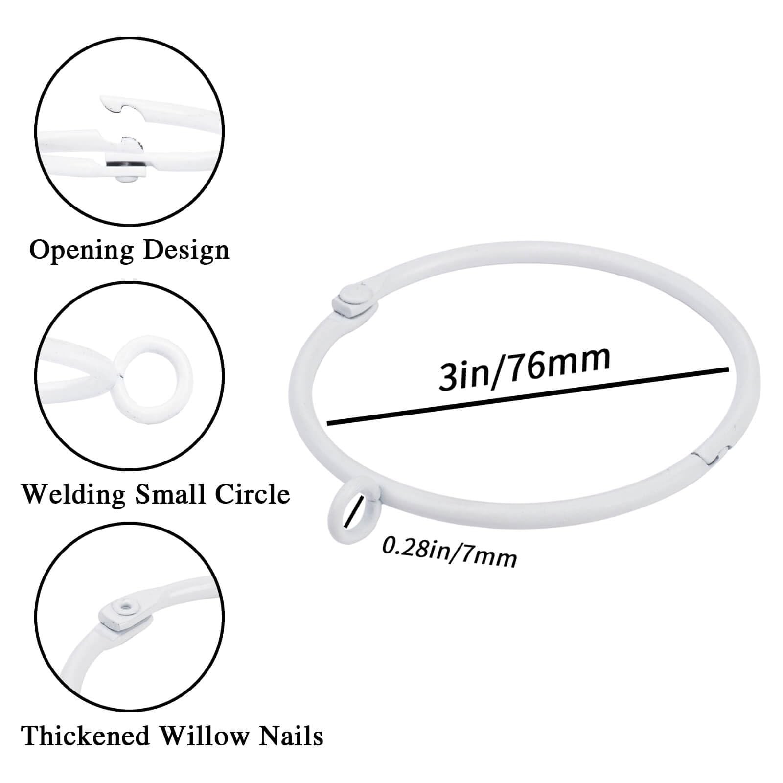 24PCS 3 White Openable Curtain Rings, Eyelet, Hinge Snap-Joint, Fits 2 Rod