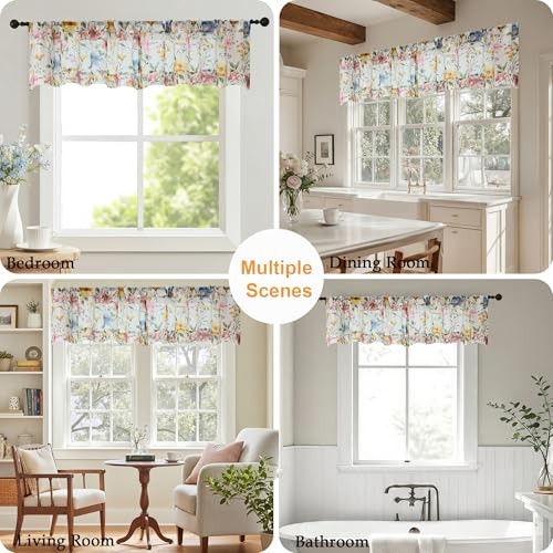 Floral Sheer Valances for Windows – Pink 42″W x 14″L (Pack of 2) Multi Color