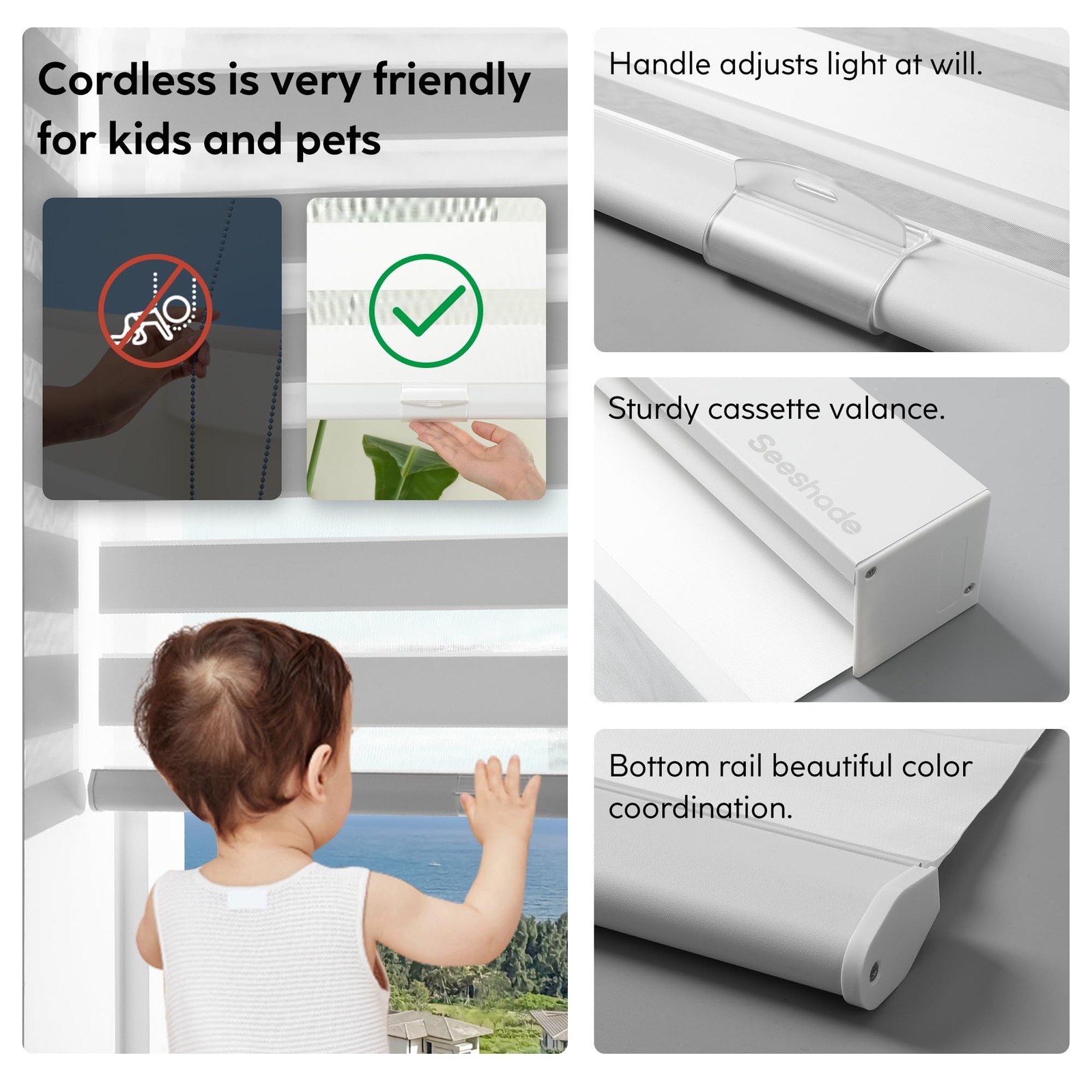 Cordless Zebra Blinds for Windows –(35″ W x 64″ H,White) Dual Layer Fabric Ro…