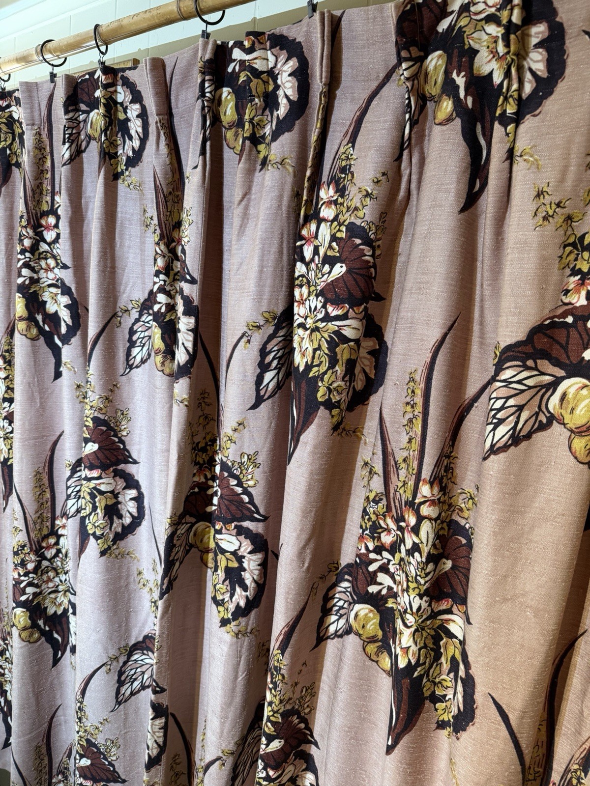 VTG Custom Brown Botancal Floral Woven Pinch Pleat Curtain Panel-52”x63”