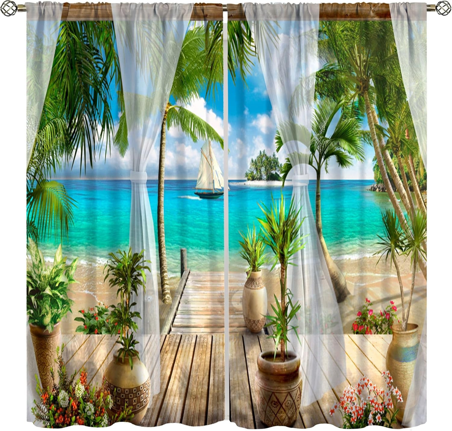 Tropical Seaside Curtains Sailboat Island Palm Trees Greenery Summer Landscape W