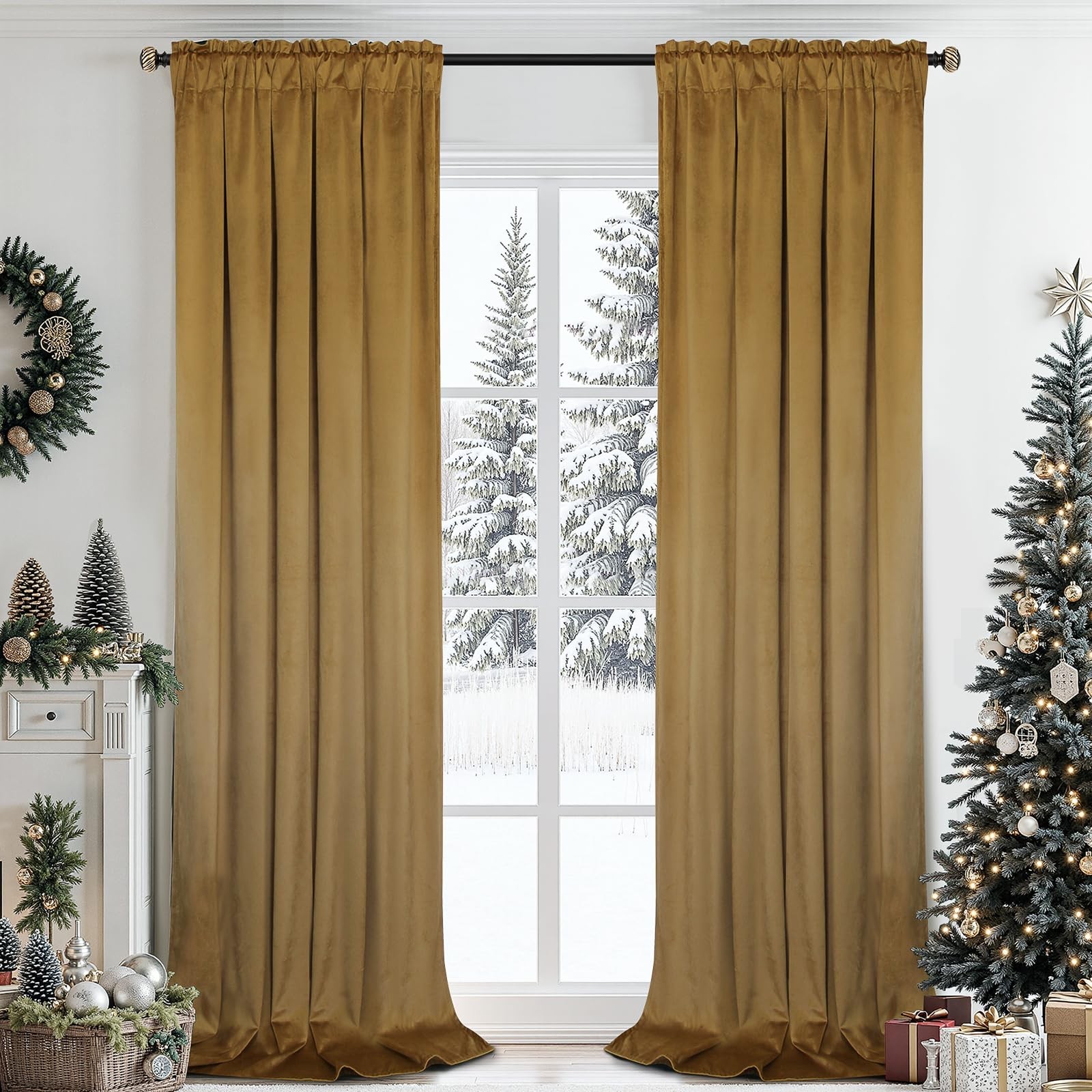 Golden Brown Velvet Curtains 96 Inches for Living Room,Rod Pocket Luxury Blac…