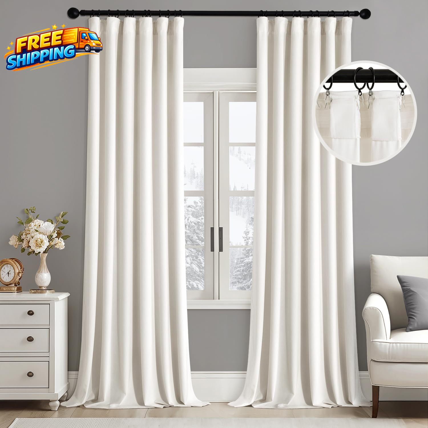Velvet Curtains 104 Inches Long 2 Panels Set for Living Room Bedroom Cream Pinch