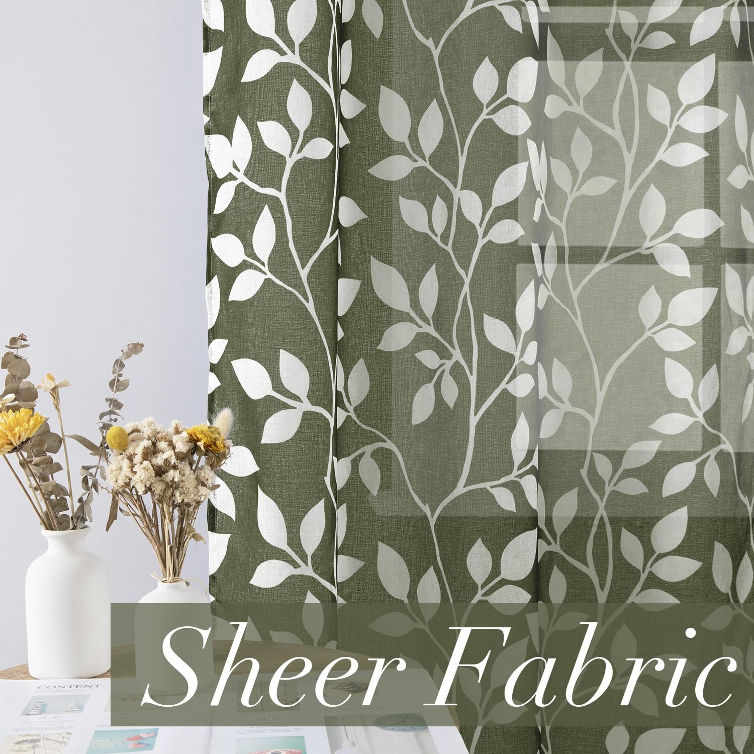 48 Inch Semi Sheer Short Curtains for Windows, Leaf Pattern Grommet Drapes fo…