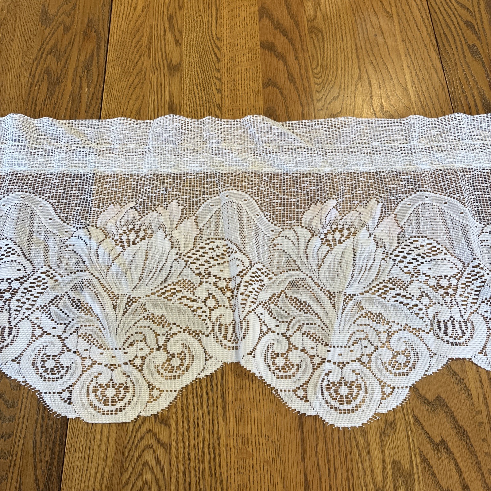 56” White Floral Lace Curtain Valance W/Faint Pink Accent