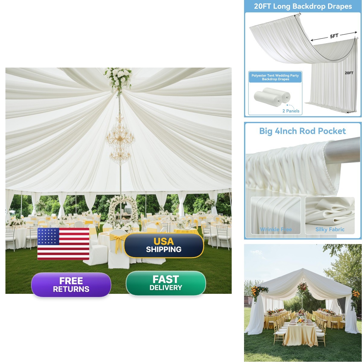 Outpain 10x20ft Ivory 2 Panel Ceiling Drapes Tent Canopy Arch Backdrop