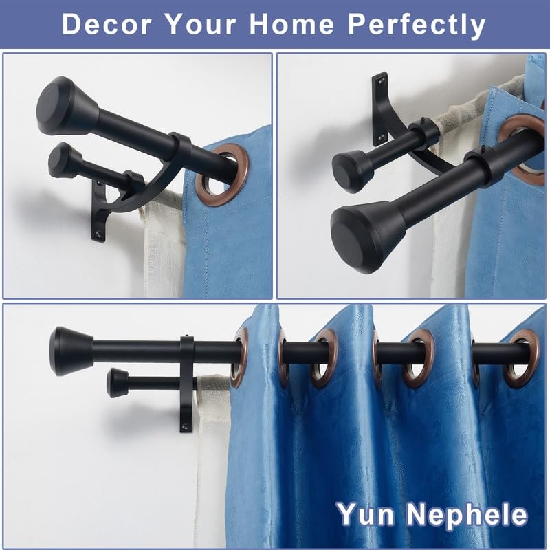 Matte Black Double Curtain Rods, 48 to 84 Inch, Heavy Duty 1-Inch Front and 5
