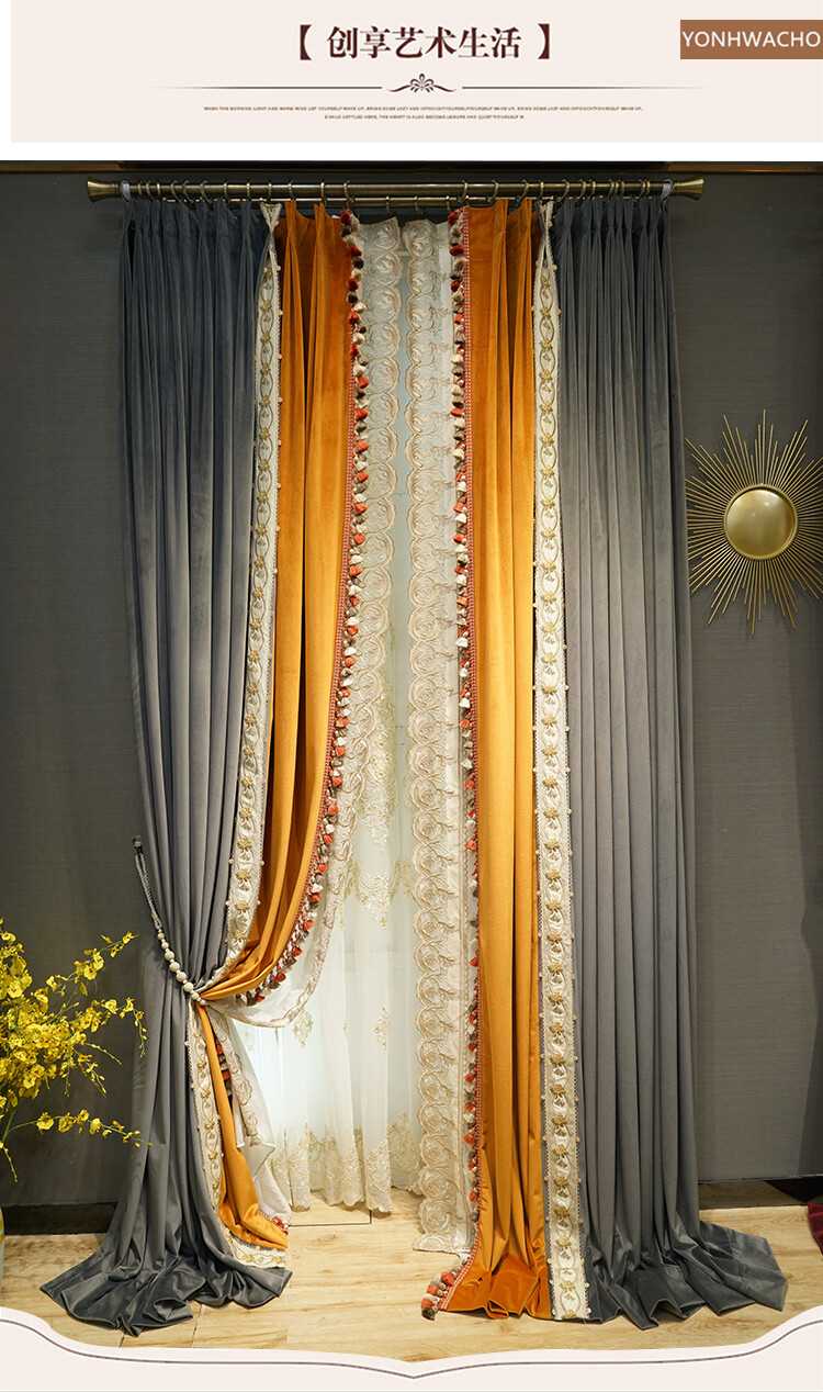 luxury thick velvet dark gray orange embroidery cloth blackout curtain C618