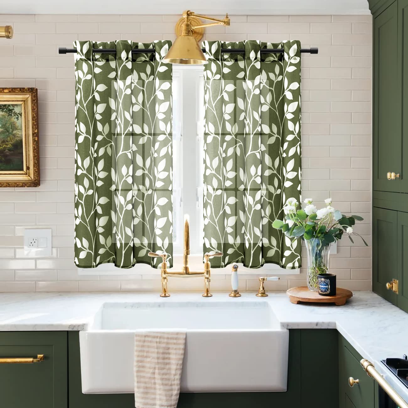 48 Inch Semi Sheer Short Curtains for Windows, Leaf Pattern Grommet Drapes fo…