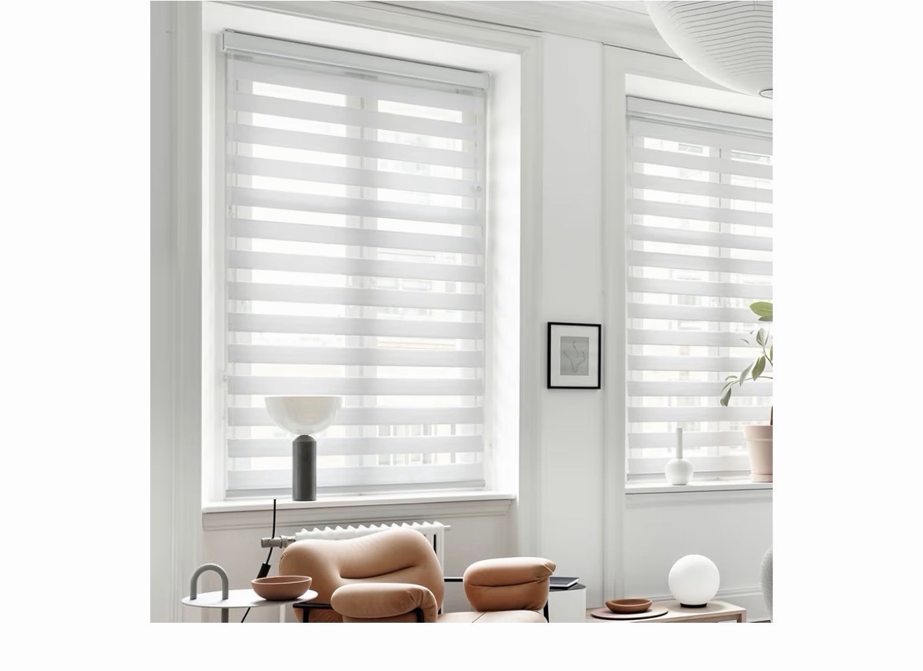 Cordless Window Roller Shades Free-Stop Dual Layer Zebra Blinds-White- 36”W 64”H