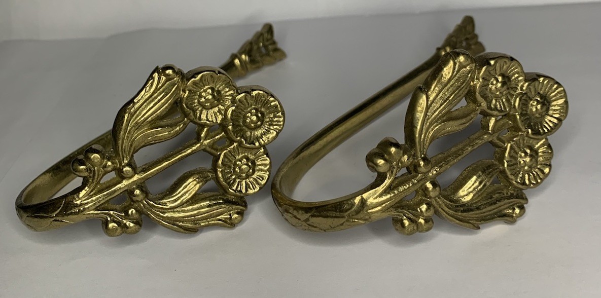 2 VTG Germany Cast Brass Floral Curtain Drapery Tiebacks Pole Holders Wall Hooks