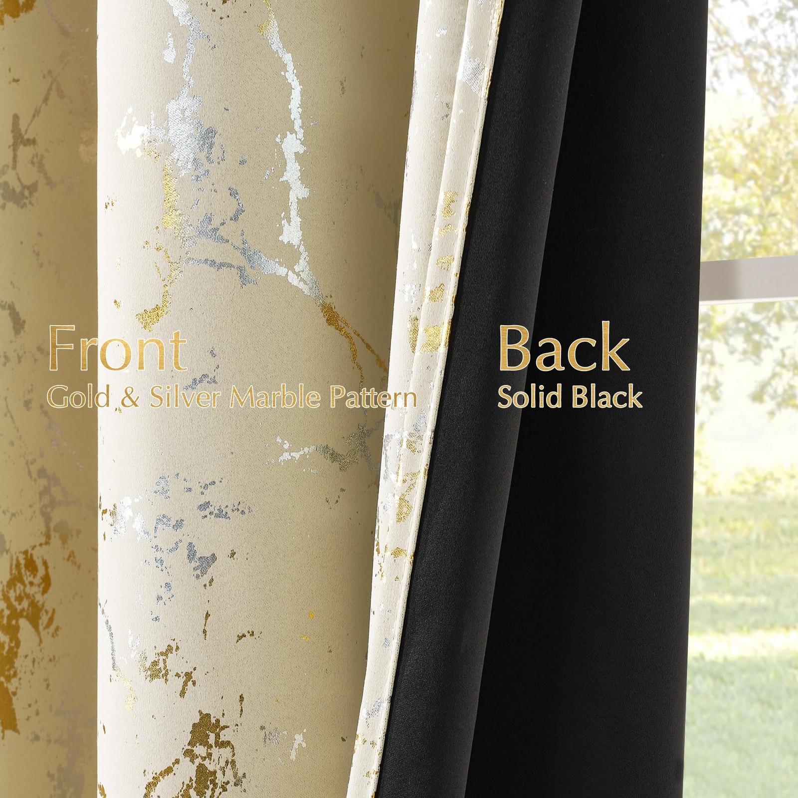 100% Blackout Silver and Gold Patterned Curtains for Living Room Bedroom Beig…