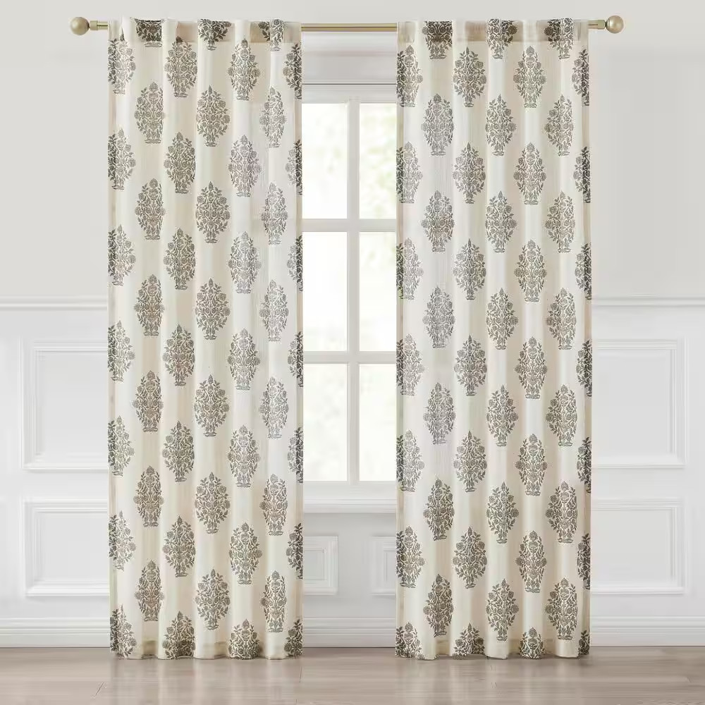 Sofia Flower Block Bouque Clay/Teal Faux Linen 37 In. W X 84 In. L Rod Pocket Li