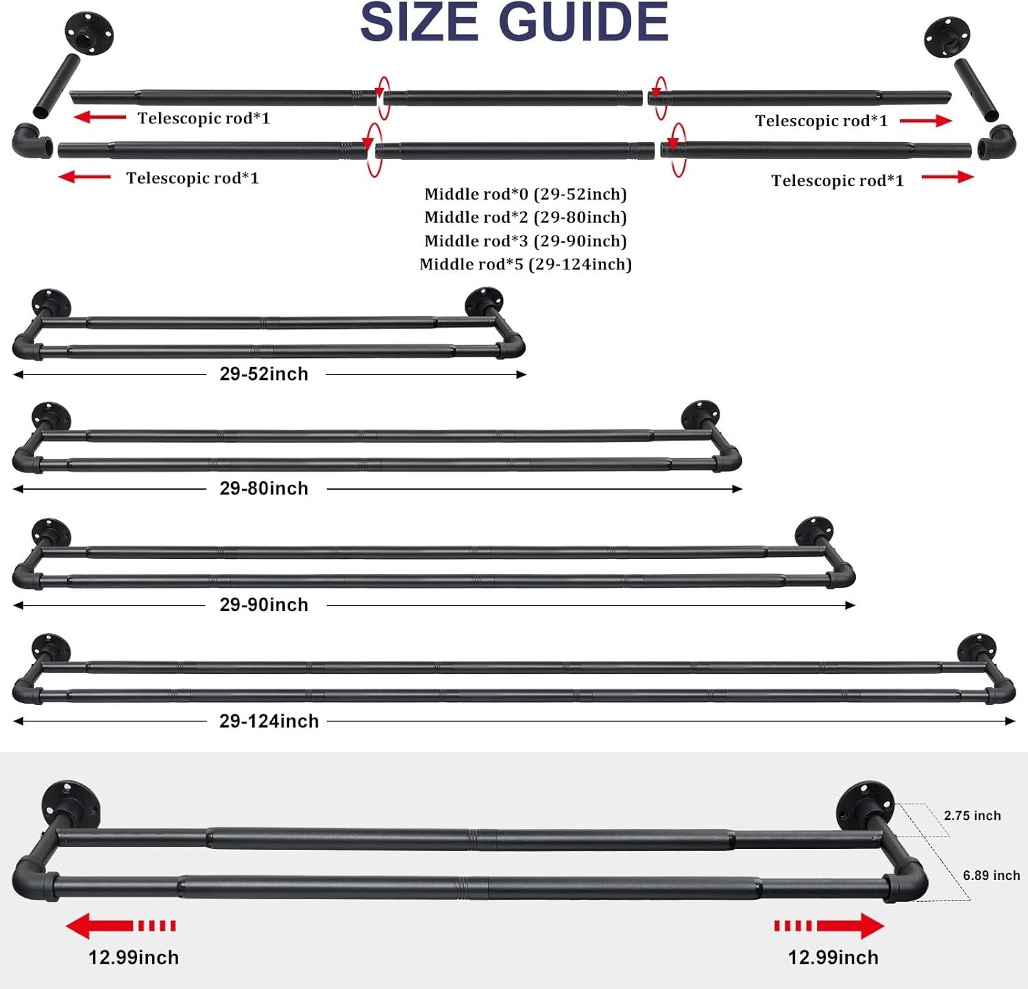 Heavy Duty Double Curtain Rod for Windows 66-120”, 1 inch Industrial Black Do…