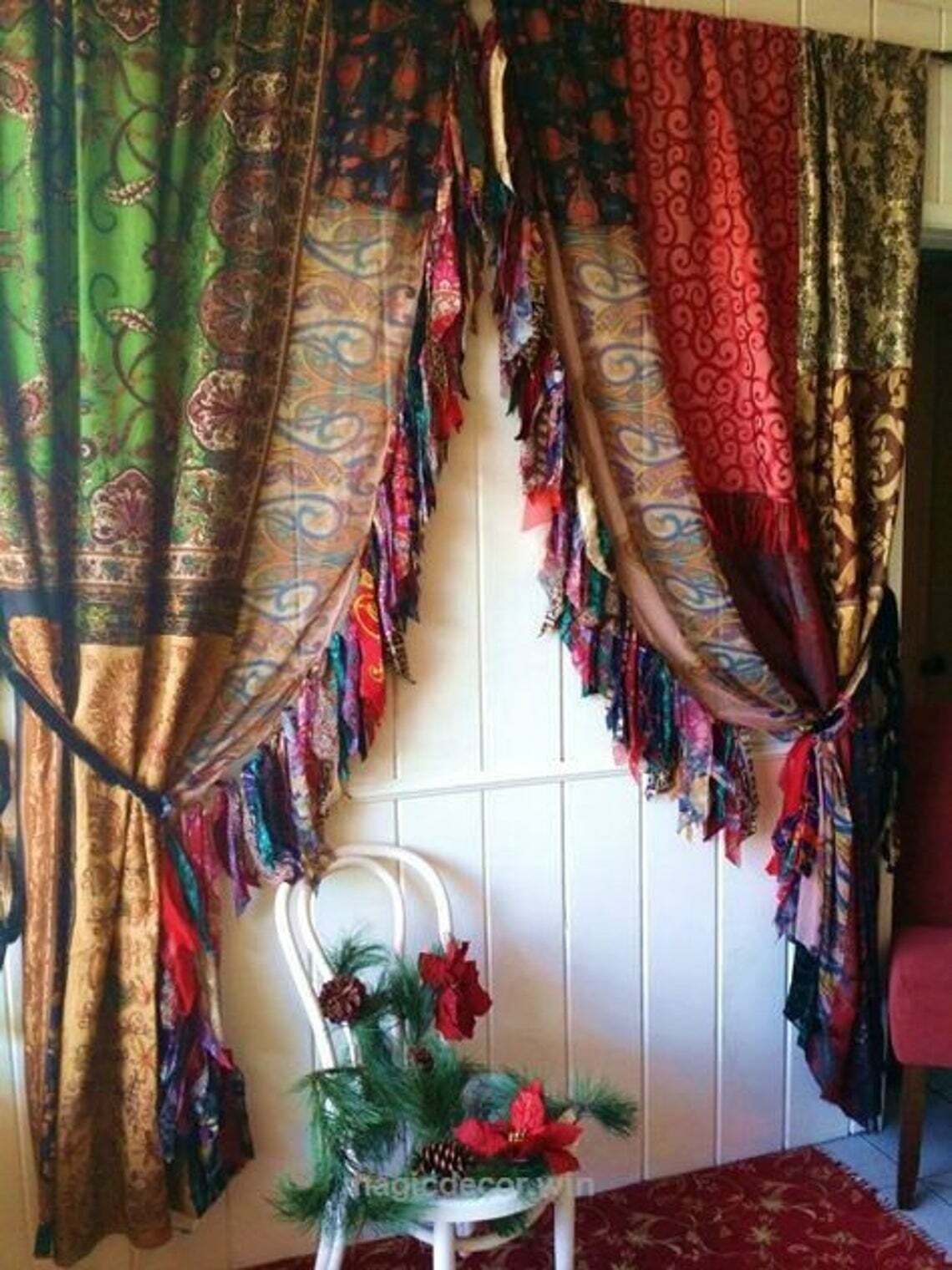 2Pc Indian Old Recycle Silk Saree Boho Multi Curtain Door Drape Decor Curtain