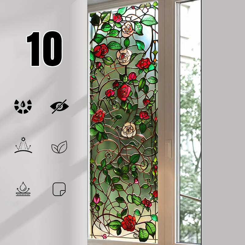 1PC Retro Rose Printed Stained Glass Window Film Self Adhesive Backing Stickers