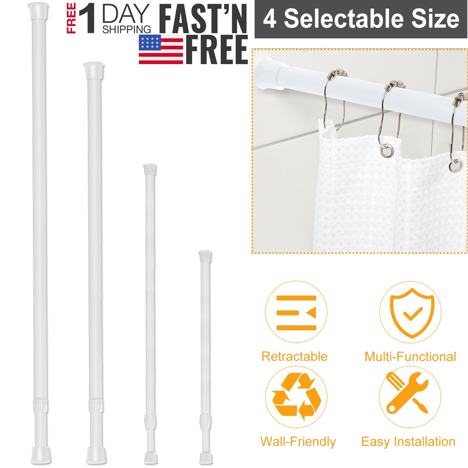 11″-75″ Adjustable Tension Curtain Rod Spring Load Carbon Steel Curtain Pole US