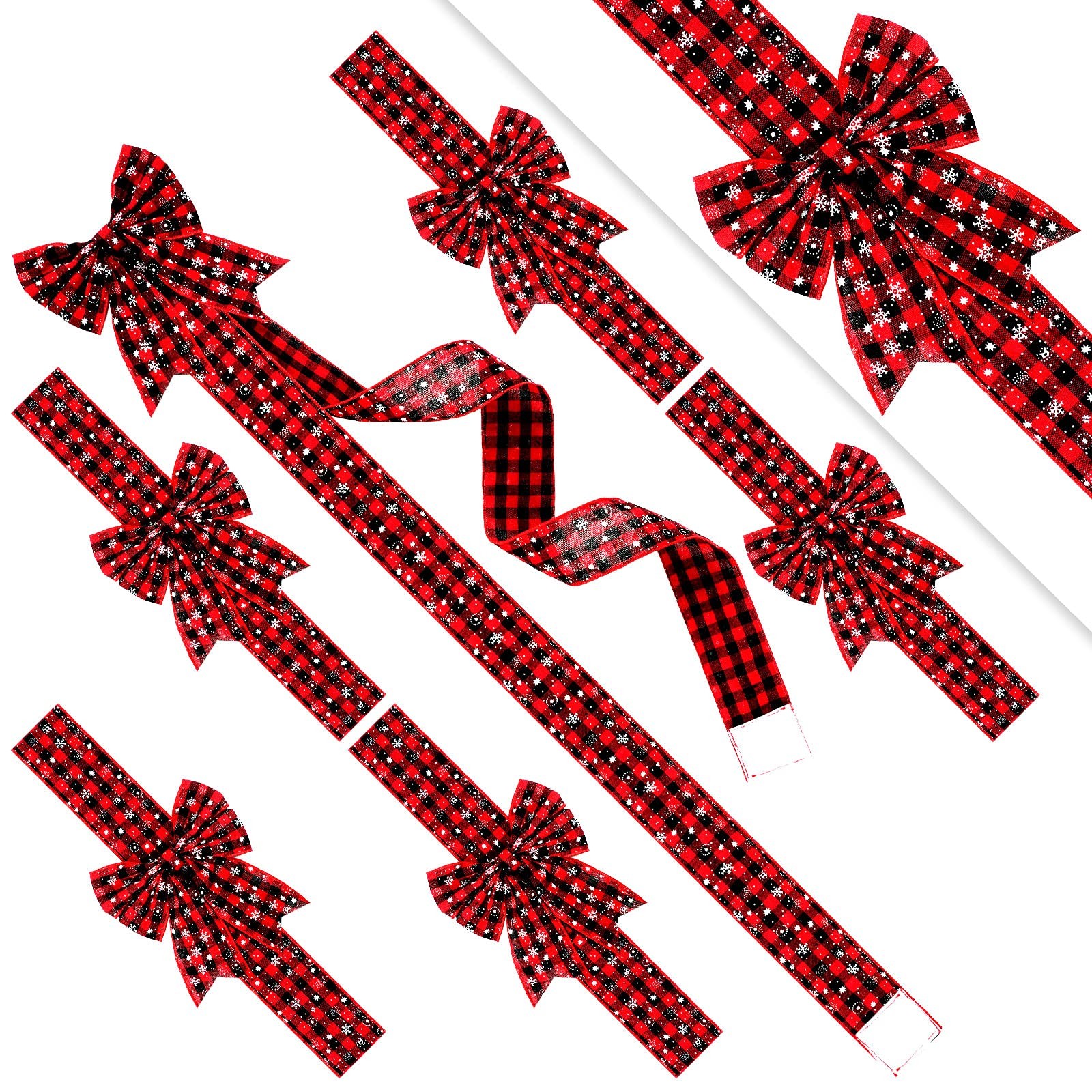 6 PCS Red Black Buffalo Plaid Christmas Cabinet Ribbon Bows 78.8×2.6 Inch
