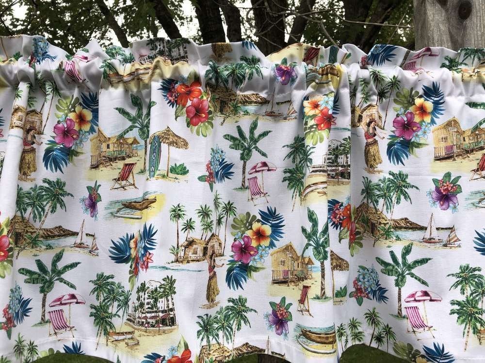 Tropical Island Valance Beach Palm Trees Hula Girl Window Curtain Topper