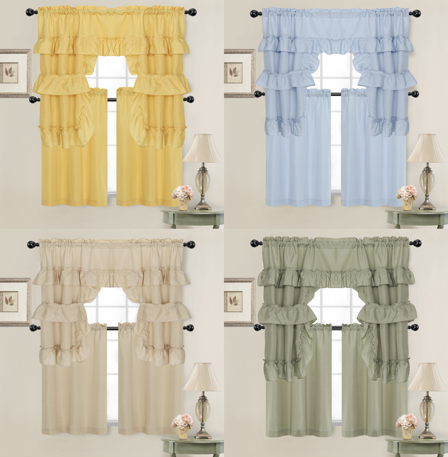 Country Farmhouse Solid Colored Kitchen Curtain Tier/Swag Set – Assorted Colors