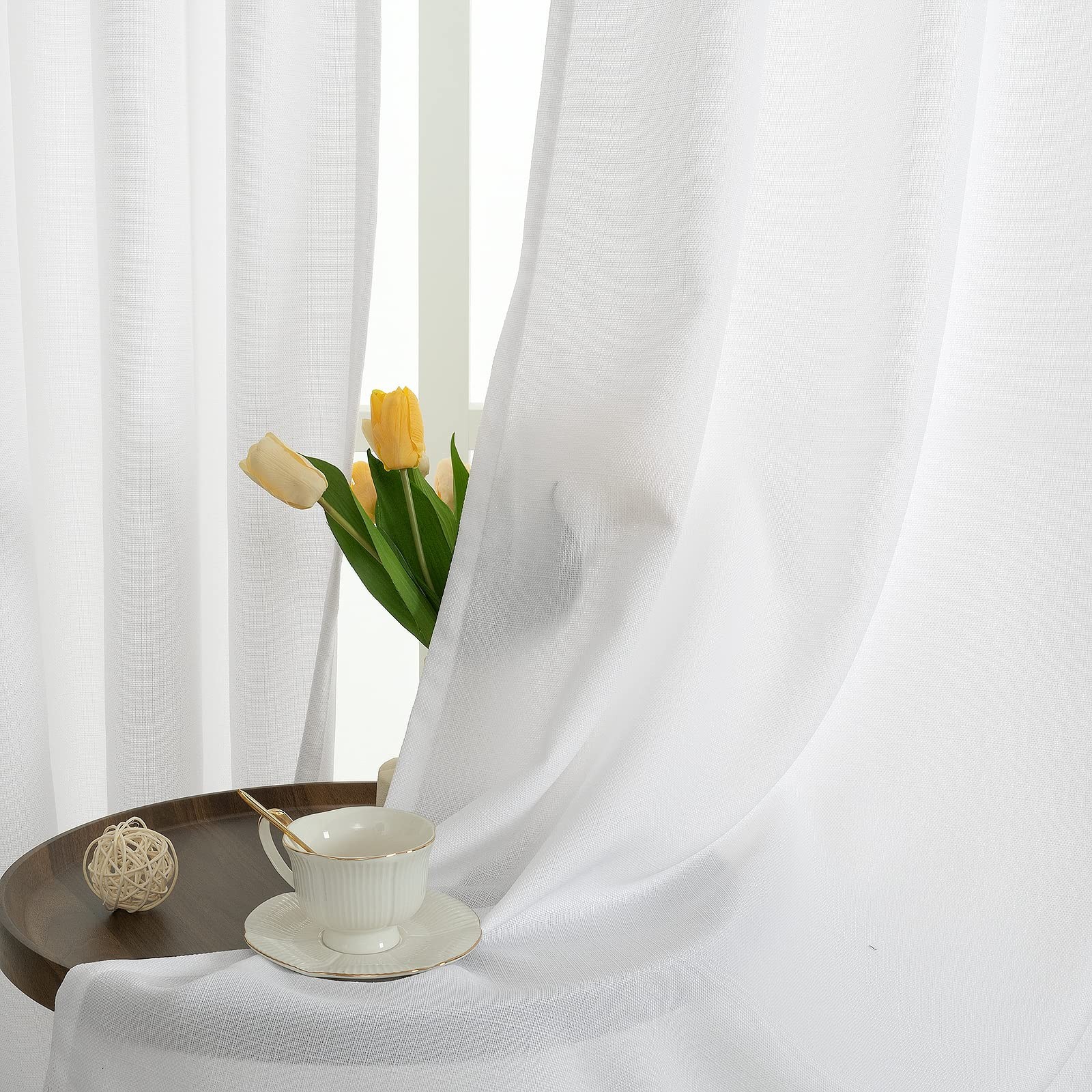 2 Pack White Linen Curtains 40 Inch Length Kitchen Windows Grommet 42×40 In
