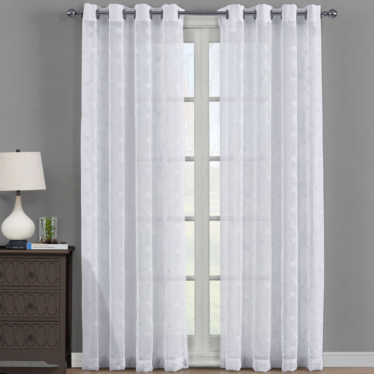 Modern Brook Panels Grommet Top Embroidered Sheer Window Curtain (Set of 2)