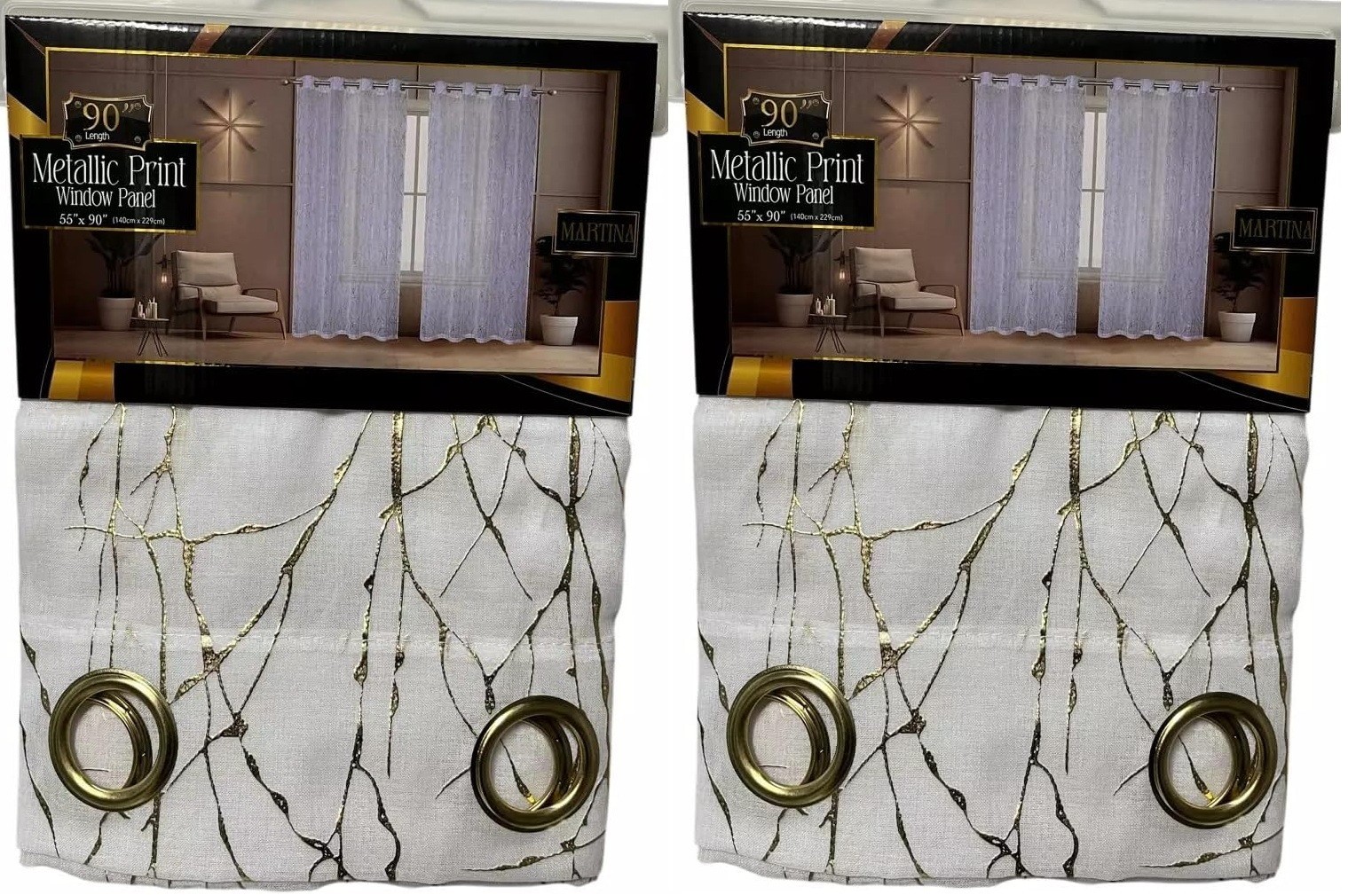 SET OF 2 MARTINA GROMMET TOP CURTAINS WITH GOLD METALLIC ACCENT, 90″ LONG
