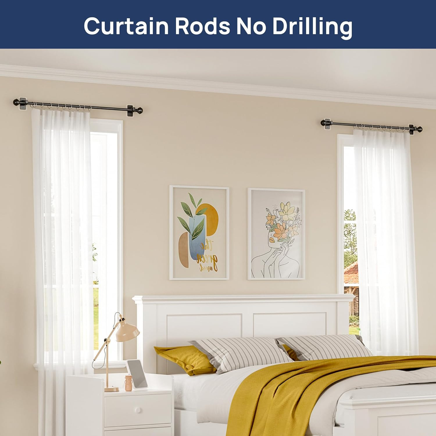 2 Pack No Drill Curtain Rods for Window 28 to 48 Inches, 5/8 Inch Diameter Rente