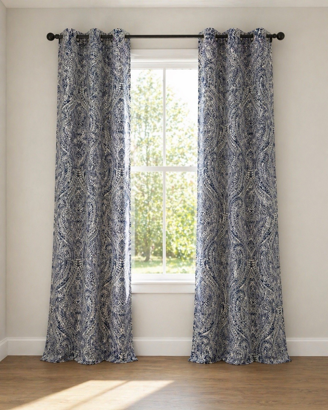 Blue White Paisley Fabric Grommet Curtain Panels Modern Opaque 36×84