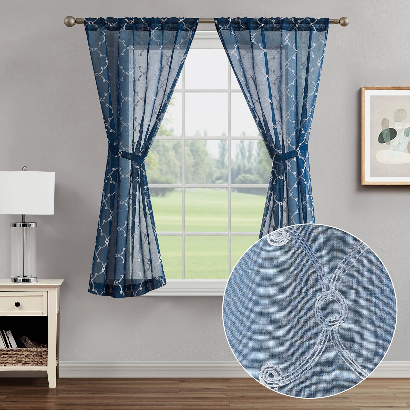 Creative Home Ideas Sheer Curtains 2 Panels 38 X 63 Blue Embroidered Geometric