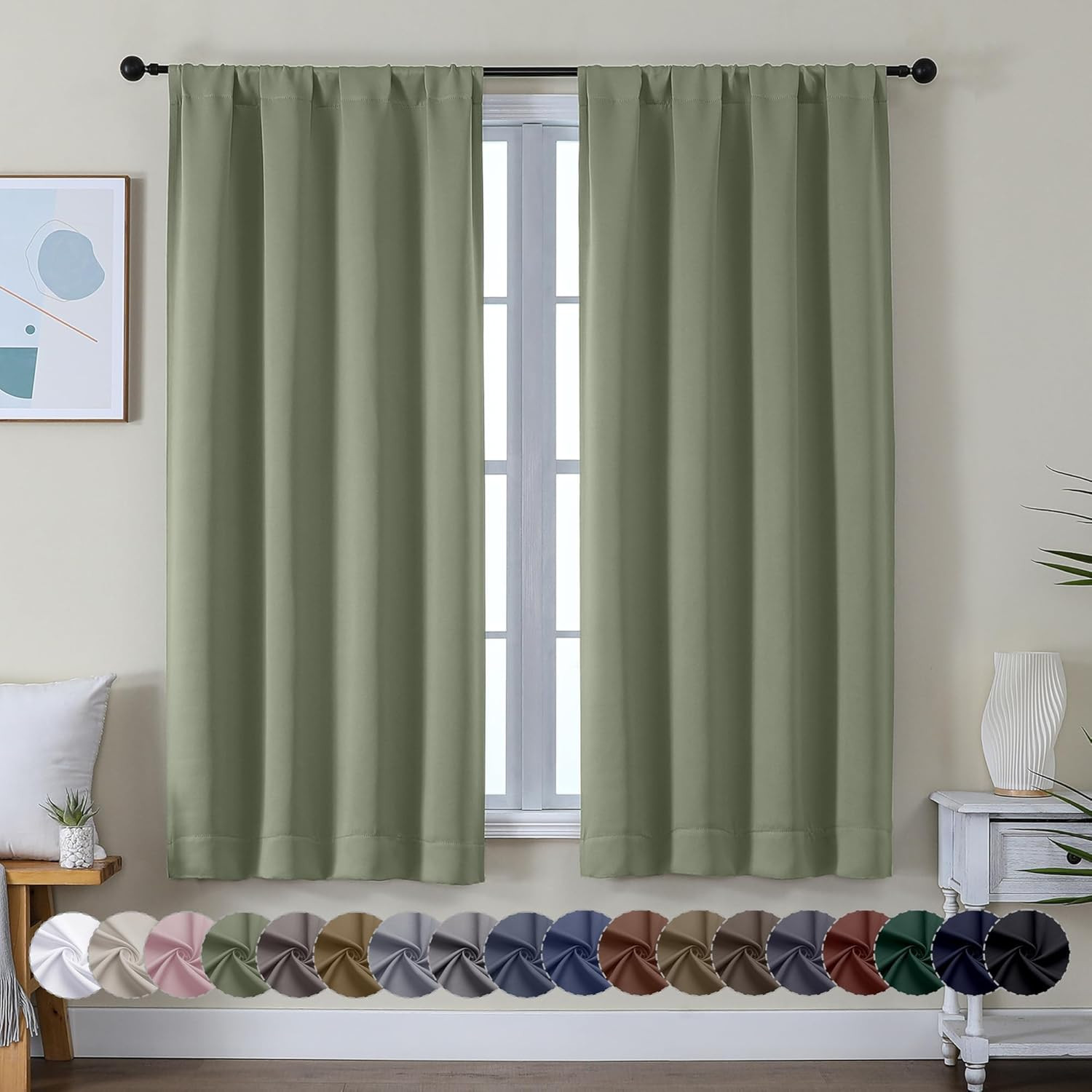 Simplebrand Ava Sage Green Blackout Curtains for Bedroom 63 Inch Length 2 Panels