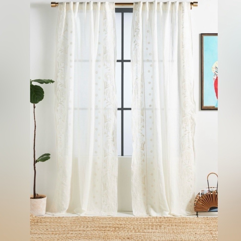 Anthropologie Manette Embroidered Curtain Panel 51″ x 80″ Semi Sheer Boho NEW