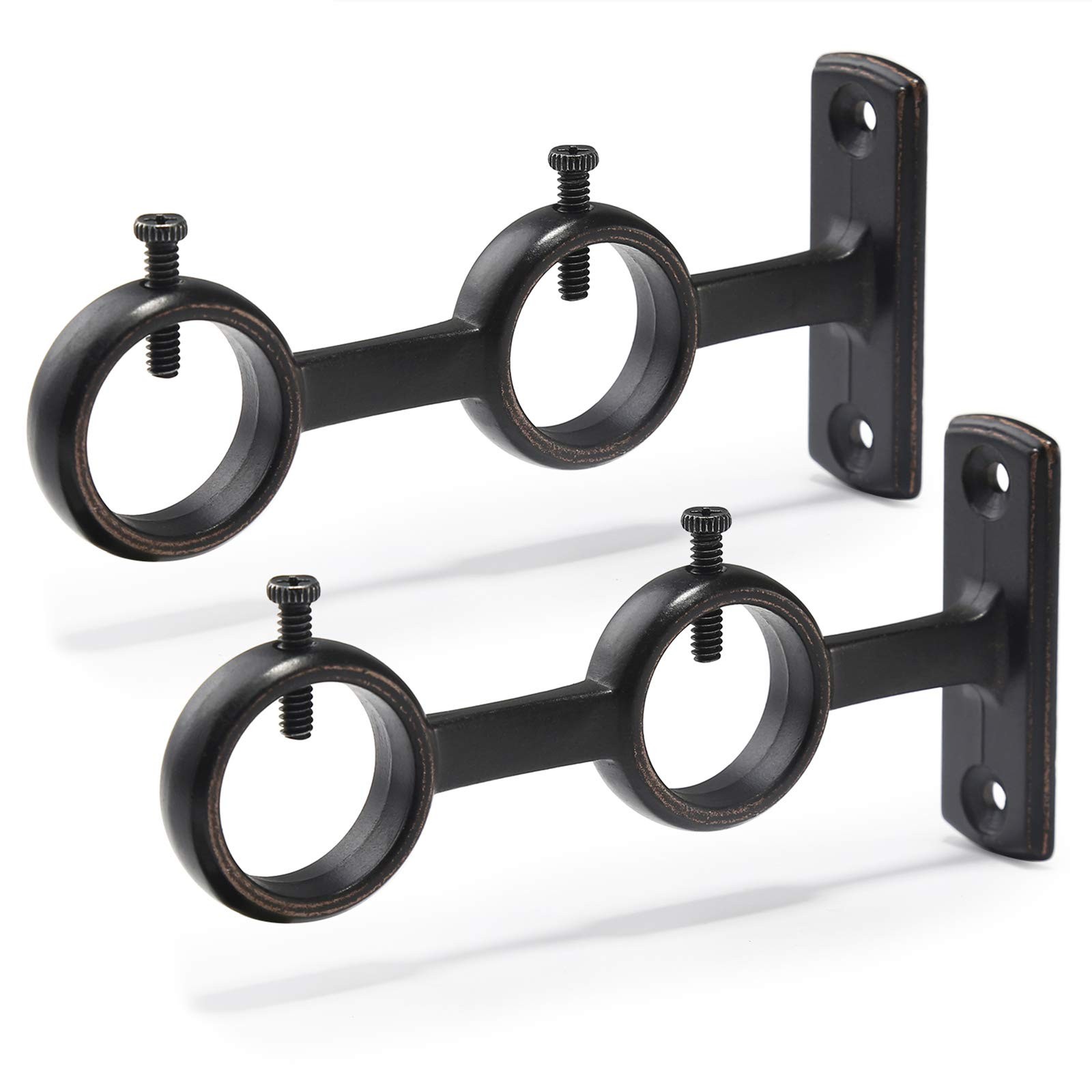 Double Curtain Rod Holder 2 pcs Brackets Hooks for Living Room Bedroom (Black)