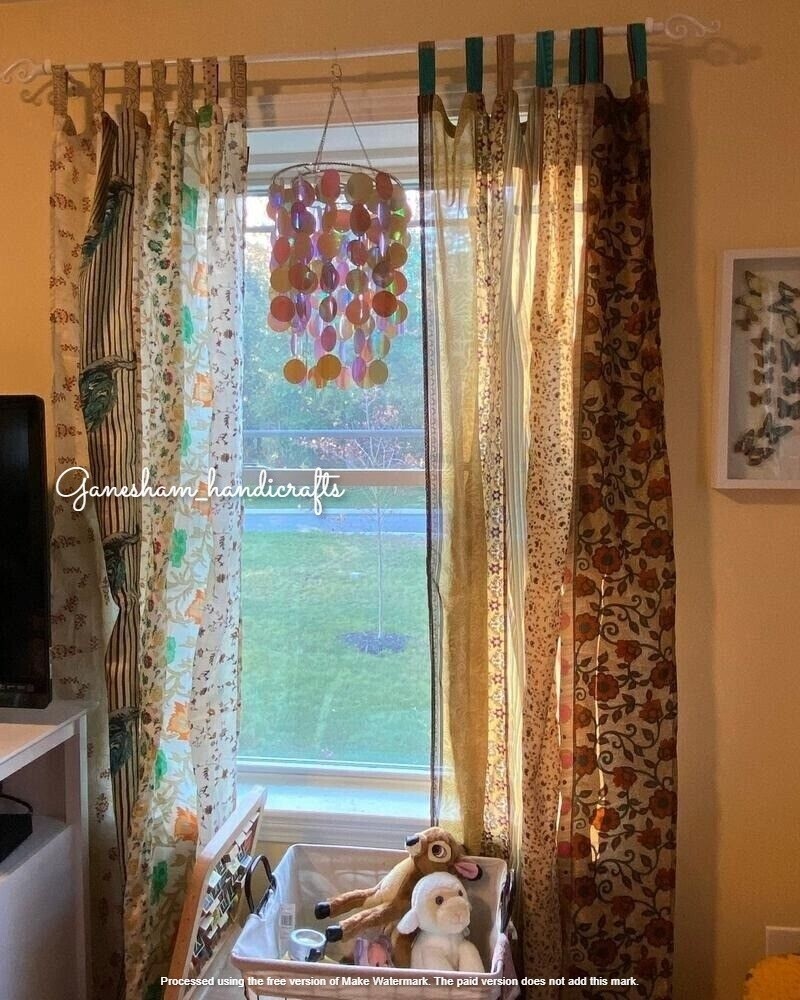 1Pc Indian Sari Patchwork Curtain Drape Window Decor Beige Silk Sari Curtain