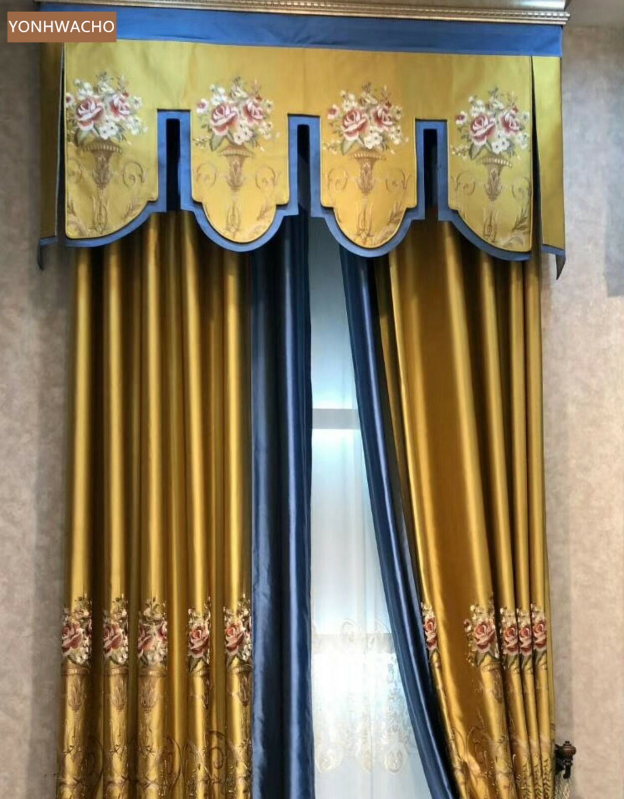 high-precision embroidered blue gold cloth curtain valance tulle drapery C762*