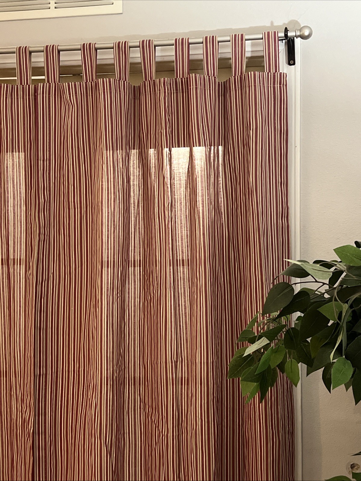 2 Curtain Panels Striped Pinkish Red Tan White Tap Top Cotton Blend Farmhouse