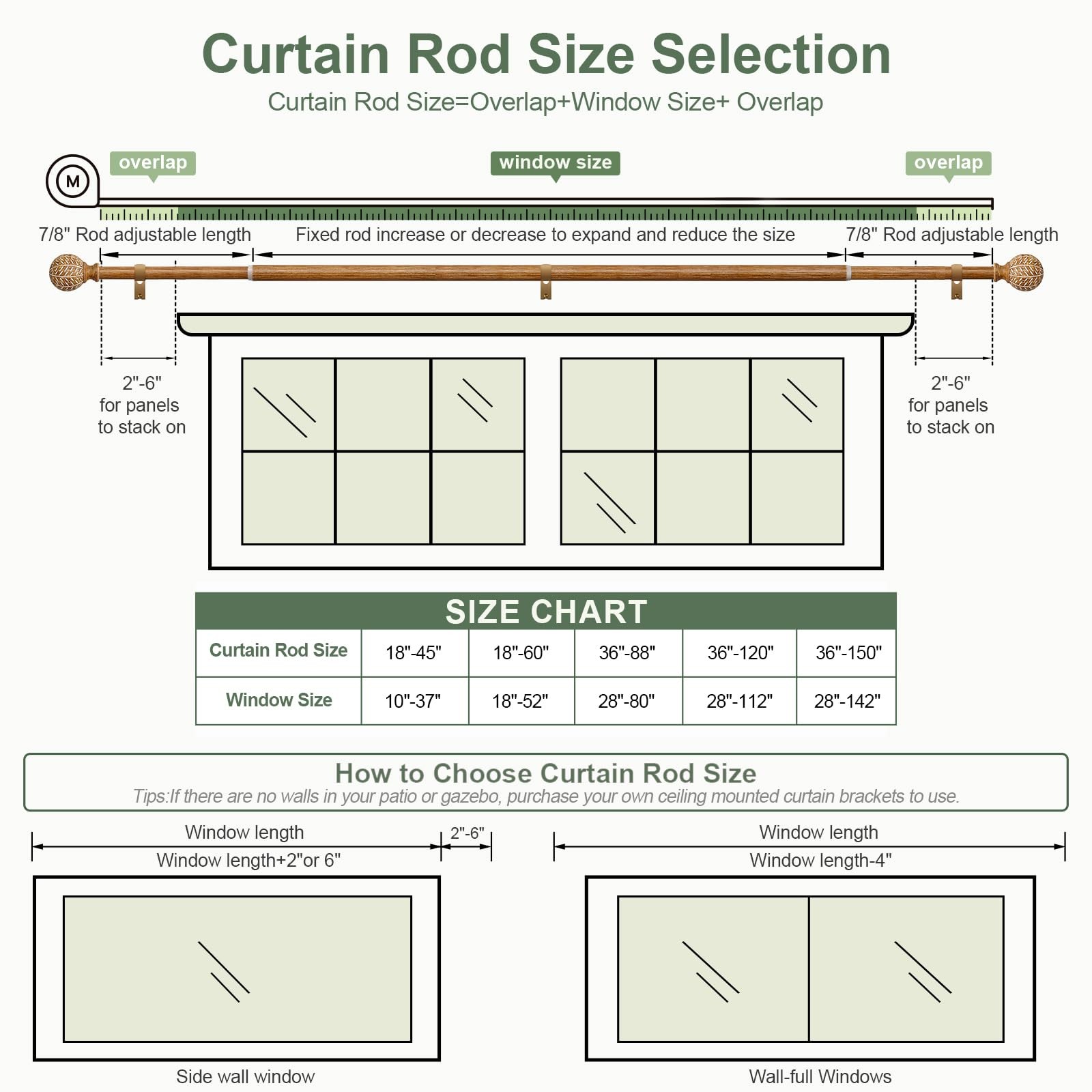 QDWIS Wood Curtain Rods for Windows 66 to 120 36” – 120”, Natural