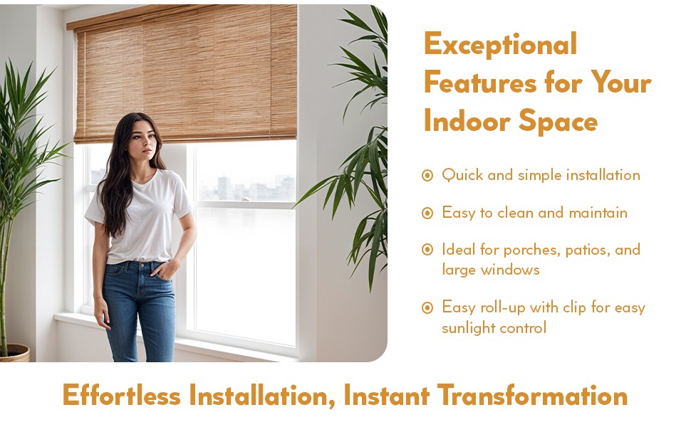 Cordless Bamboo Blinds – Waterproof Roller Shades for Porch, Patio & Interior