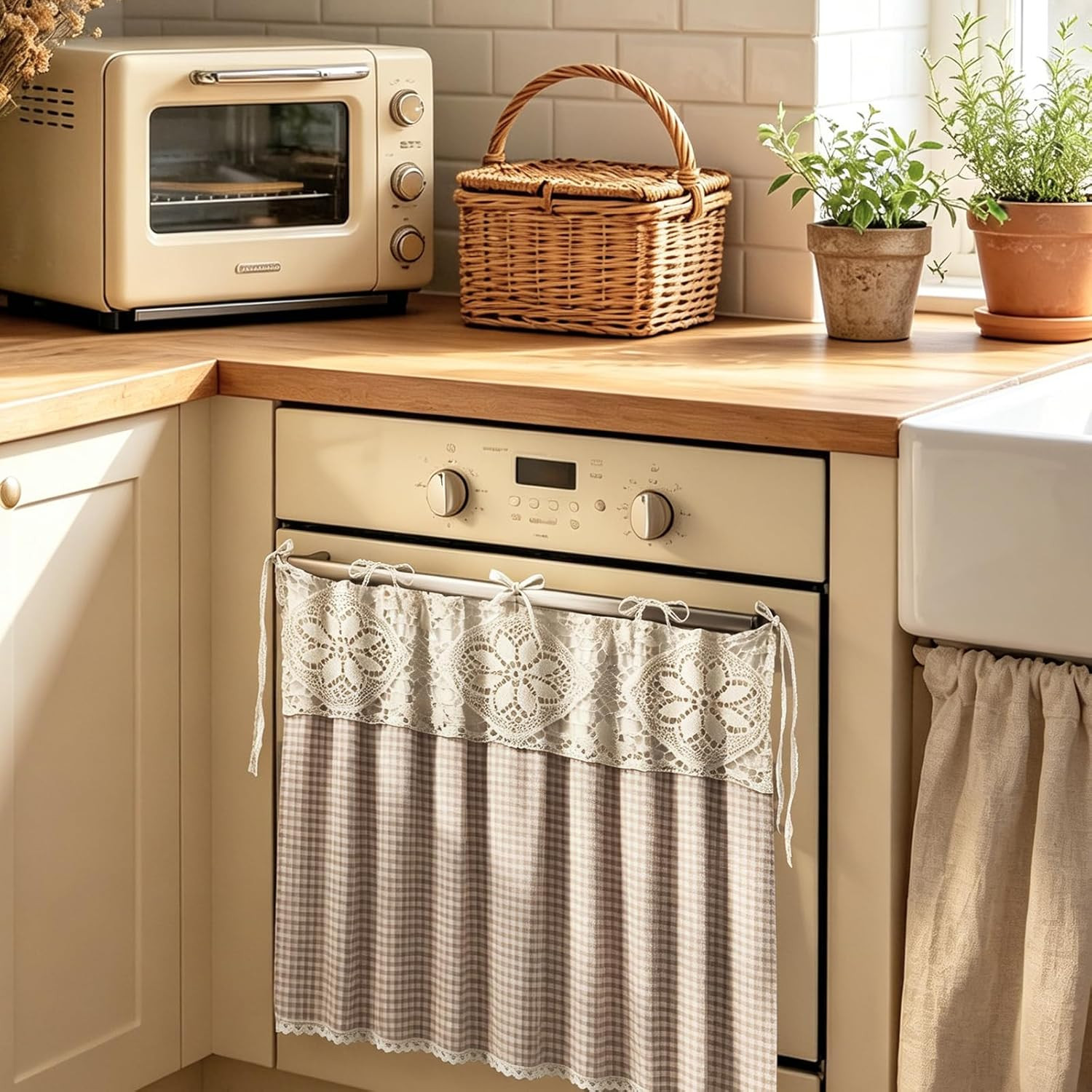 JarThenaAMCS Brown Check Oven Skirt Brown White Plaid Gingham Oven Curtain Rusti